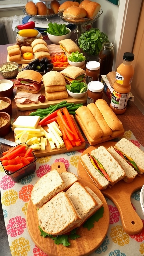 A colorful sandwich bar with assorted breads, meats, cheeses, and fresh vegetables, inviting guests to create their own sandwiches.
